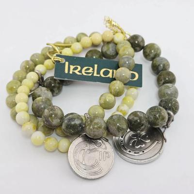 Irish Connemara Marble Bead Coin Charm Stretch Bracelet 