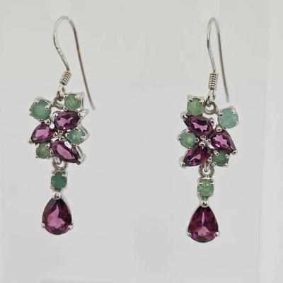 Natural Unheated Rhodolite Garnet & Emerald Sterling Silver Earrings 