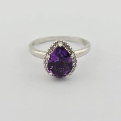 Natural Unheated Amethyst Pear Cut Sterling Silver Ring 