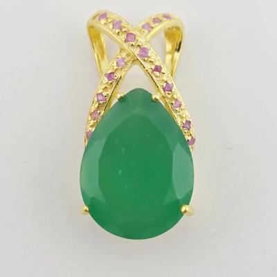 Large Carat Natural Unheated Aventurine & Ruby Gold Vermeil Sterling Silver Pendant 