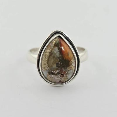 Pear Cut Agate Stone Sterling Silver Ring 