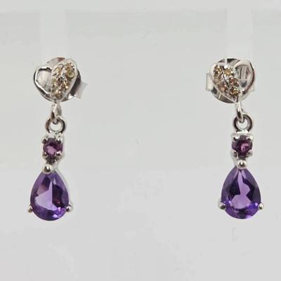 Natural Unheated Amethyst, Rhodolite Garnet, & Sapphire Sterling Silver Earrings 
