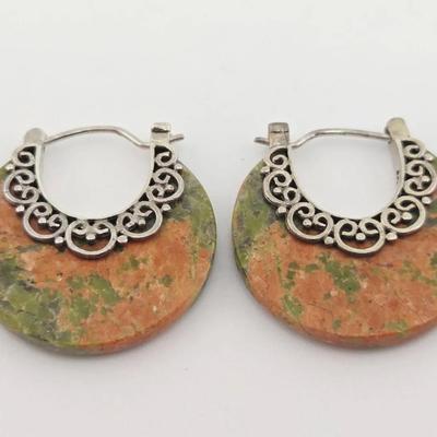 Sterling Silver Unakite Hoop Earrings 