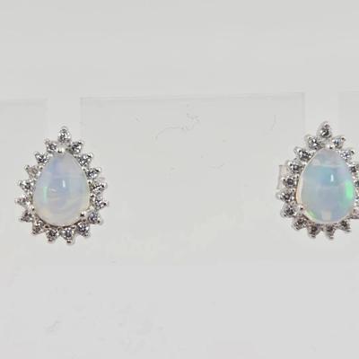 Natural Unheated Fire Opal Pear Cabochon Sterling Silver Stud Earrings 