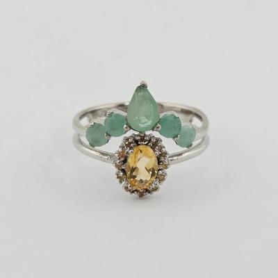 Natural Unheated Emerald, Citrine, Sapphire Sterling Silver Ring 