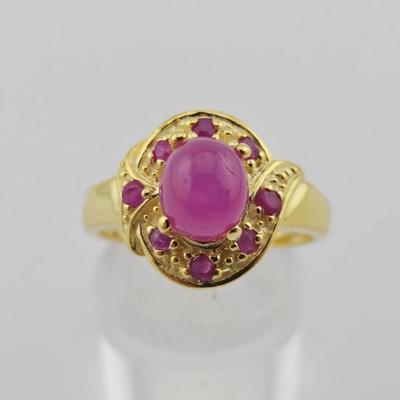 Natural Heated Ruby Cabochon Gold Vermeil Sterling Silver Ring 