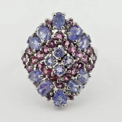 Natural Unheated Tanzanite & Rhodolite Garnet Sterling Silver Statement Ring