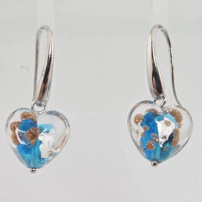 Italian Murano Glass Heart Sterling Silver Dangle Earrings 
