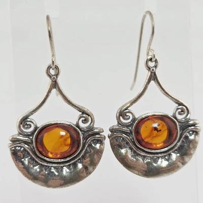 Sterling Silver Amber Isreali Dangle Earrings 