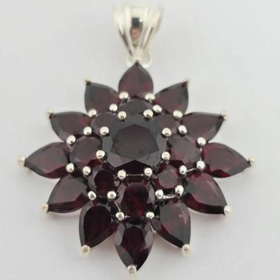 13.5ctw Natural Garnet Cluster Sterling Silver Pendant 
