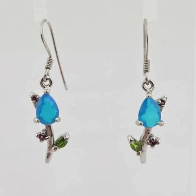 Natural Blue Opal, Rhodolite Garnet, & Chrome Diopside Sterling Silver Earrings 