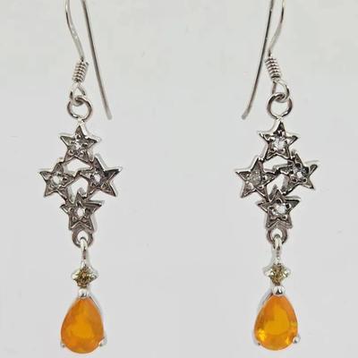Natural Orange Opal, White Topaz, & Sapphire Sterling Silver Earrings 