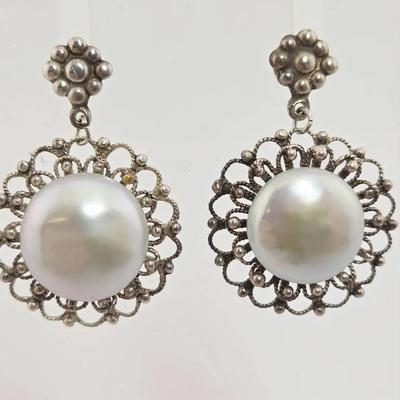 Sterling Silver Pearl Dangle Earrings 