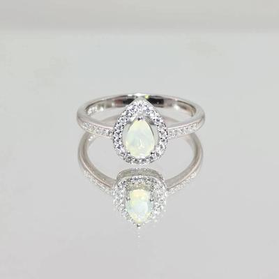 Natural Unheated Fire Opal Pear Cut Rainbow Luster Sterling Silver Ring 