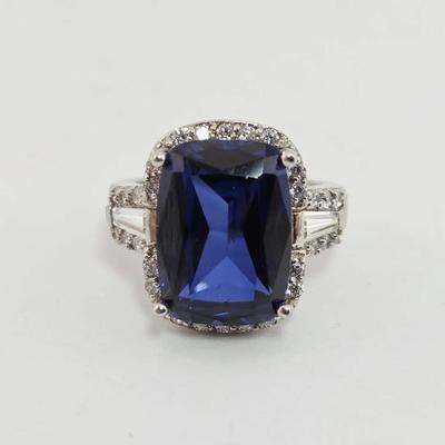 8.1ct Simulated Sapphire Elongated Antique Cushion Cut Sterling Silver Ring 
