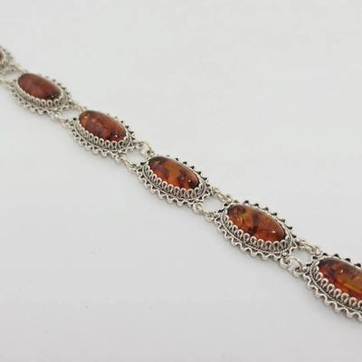 Amber Cabochon Sterling Silver Filigree Bracelet 