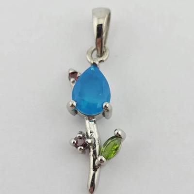 Natural Blue Opal, Chrome Diopside, & Rhodolite Garnet Sterling Silver Pendant 