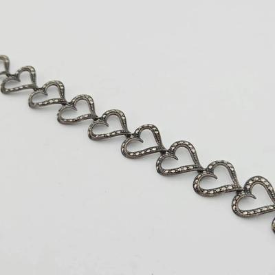 Sterling Silver Marcasite Heart Link Bracelet 
