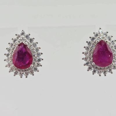 2ctw Natural Heated Ruby Pear Cut Sterling Silver Stud Earrings 