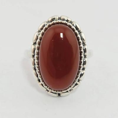 Carnelian Oval Cabochon Scalloped Design Sterling Silver Ring 