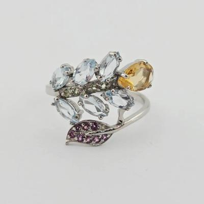 Natural Unheated Citrine, Peridot, Rhodolite Garnet, & Sky Blue Topaz Sterling Silver Ring 