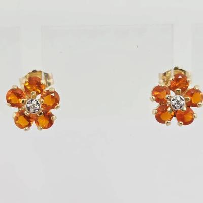14k Gold Citrine & Diamond Floral Stud Earrings 