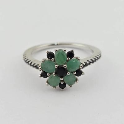 Natural Unheated Emerald & Spinel Sterling Silver Ring 
