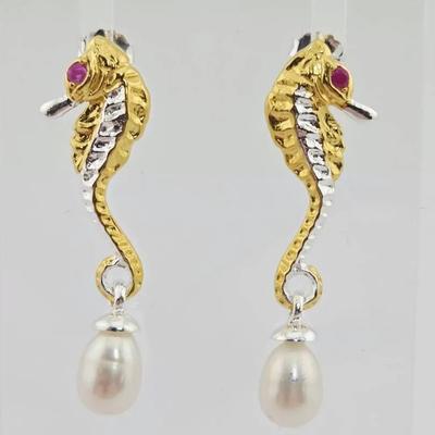 Natural Ruby & Pearl Sterling Silver Seahorse Earrings 