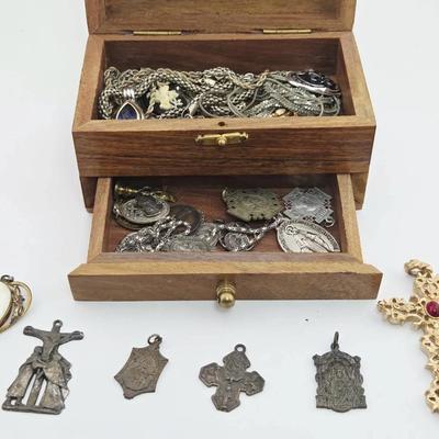 Fashion & Religious Jewelry In Wooden Trinket Box