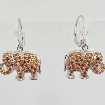 Sterling Silver Orange Pave Gemstone Elephant Earrings 