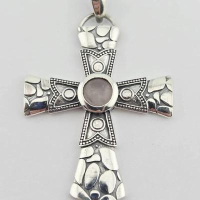 Natural Rose Quartz Sterling Silver Cross Pendant 