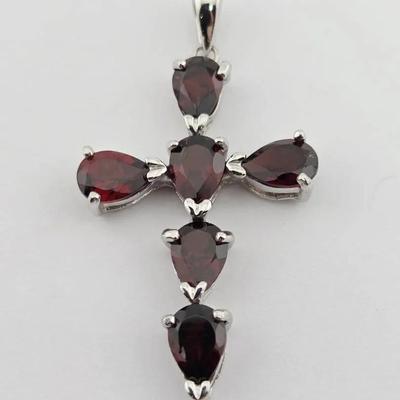 6ctw Natural Unheated Garnet Sterling Silver Cross Pendant 