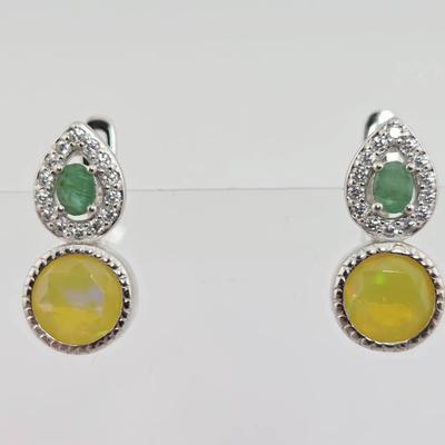 Natural Emerald & Yellow Opal Sterling Silver Earrings 