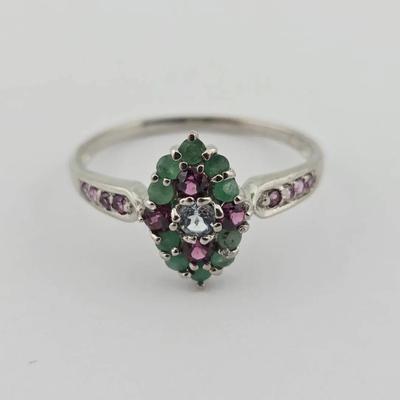 Natural Unheated Aquamarine, Emerald, & Rhodolite Garnet Sterling Silver Ring 