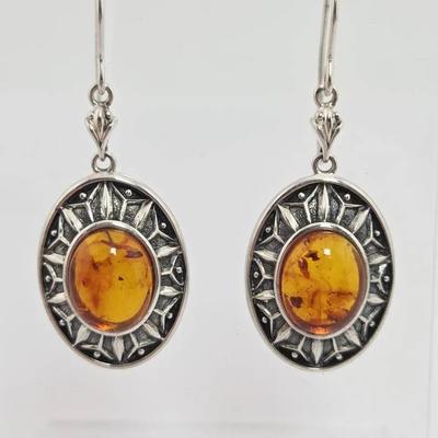 Sterling Silver Amber Dangle Earrings 