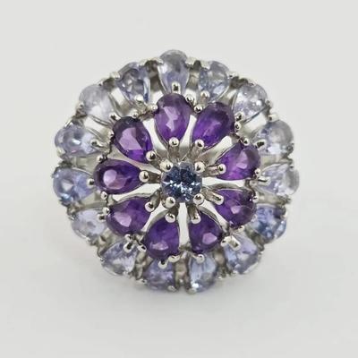 4.9ctw Natural Unheated Tanzanite & Amethyst Cluster Sterling Silver Ring 