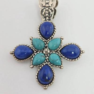 Turquoise & Lapis Lazuli Sterling Silver Cross Pendant 