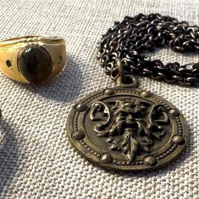 Silver Chain 925, W/ Green Man Pendant, And Rings (3) 