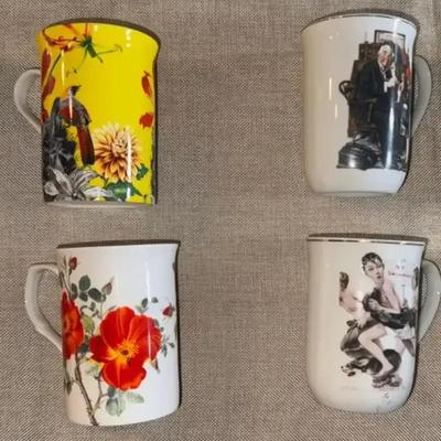 Vintage Stechcol Gracie Home China Flower/Bird Mugs (4), And The Saturday Evening Post Mugs (4)