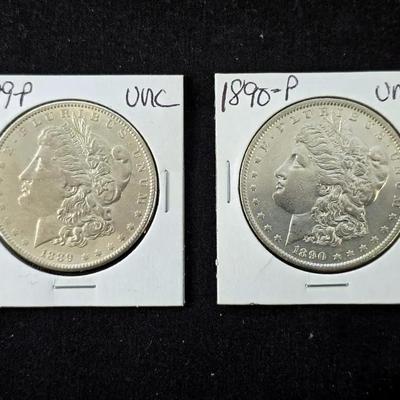1889-P and 1890-P Morgan Silver Dollars Both UNC