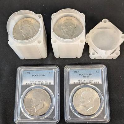 40 Eisenhower Dollars in Roll & 2 PCGS Graded 1971-P MS-64 and 1971-S