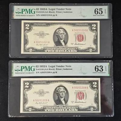 2 PMG 1953-A $2 Red Seal Legal Tender Notes, 63 and 65 EPQ in Consecutive Serial Numbers
