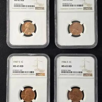 4 Graded NGC Wheat Cents, 1944-1947-S MS-65