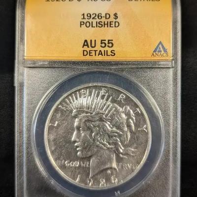 1926-D $1 Peace Dollar ANACS, AU-55, Polished