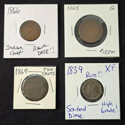 4 Type Coins, 1839 10 Cent XF, 1864 and 1865 2 Cent, and 1866 Indian Cent