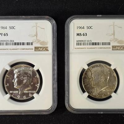 NGC Graded 1964-P MS-63 and 1964 Proof 65, Silver Kennedy Half Dollars, Both Coins 90% Silver