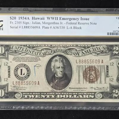 1934A $20.00 Hawaii Note, PCGS Graded VF-30