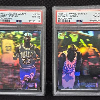 2 1991 Upper Deck Michael Jordan Holograms, PSA-8