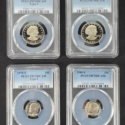 4 PR-70 PCGS Graded Coins, 2 Susan B. Anthony Dollars and 2 Roosevelt Dimes