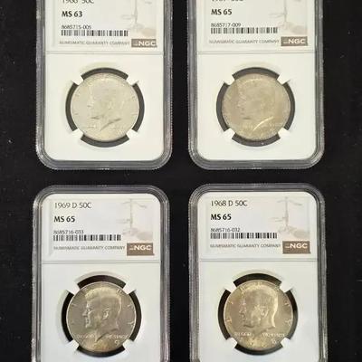 1966-1969 Silver Kennedy Halves NGC Graded MS-63 and MS-65, 4 Silver Halves